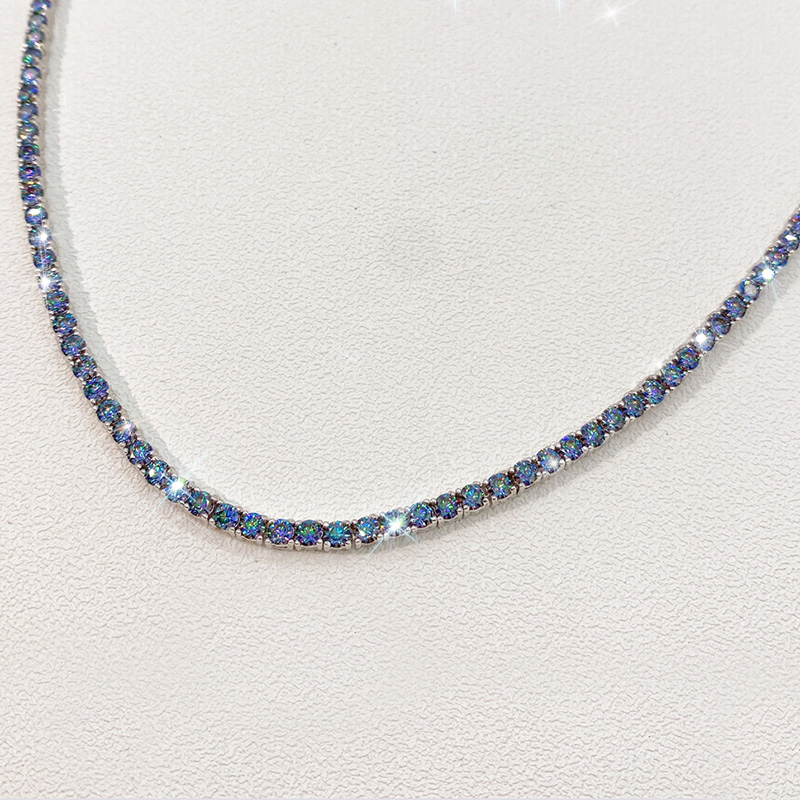 S925 & Moissanite 3mm/4mm Colorful Blue Tennis Chain In White Gold Iced Out - Image 4