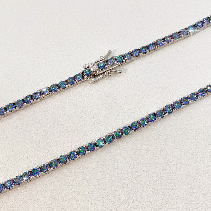 S925 & Moissanite 3mm/4mm Colorful Blue Tennis Chain In White Gold Iced Out - Image 5