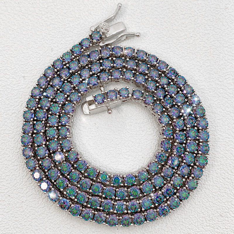 S925 & Moissanite 3mm/4mm Colorful Blue Tennis Chain In White Gold Iced Out