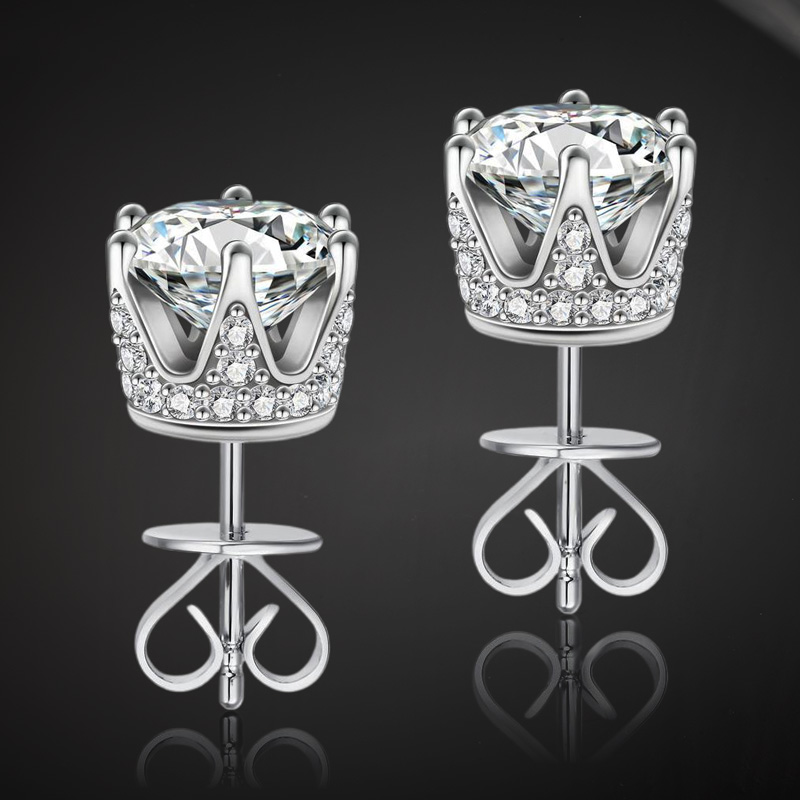 925s & Vvs Moissanite 6-prong Stud Earrings With Crown Basket Iced Out