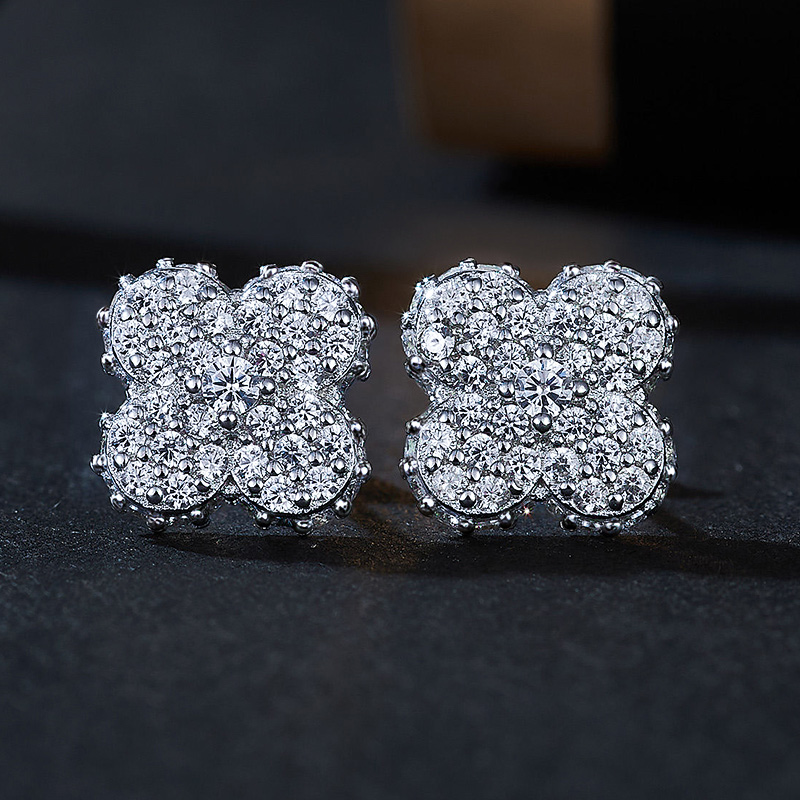 Bold 925s & Vvs Moissanite 10mm Micro Paved Four Leaf Clover Stud Earrings