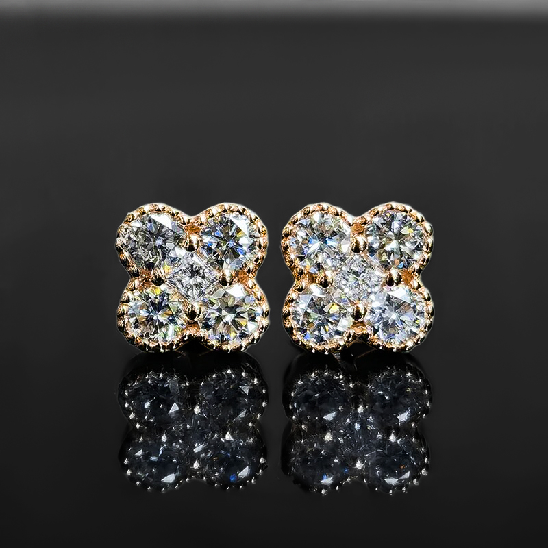 925s & Vvs Moissanite Four Leaf Clover Stud Earrings In Rose Gold Iced Out