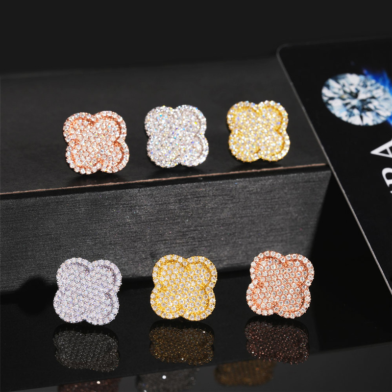 925s & Vvs Moissanite Micro Paved Four Leaf Clover Stud Earrings Iced Out - Image 3