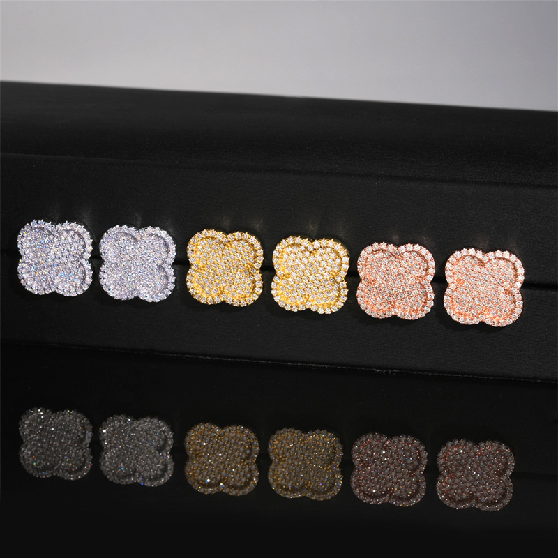 925s & Vvs Moissanite Micro Paved Four Leaf Clover Stud Earrings Iced Out - Image 4
