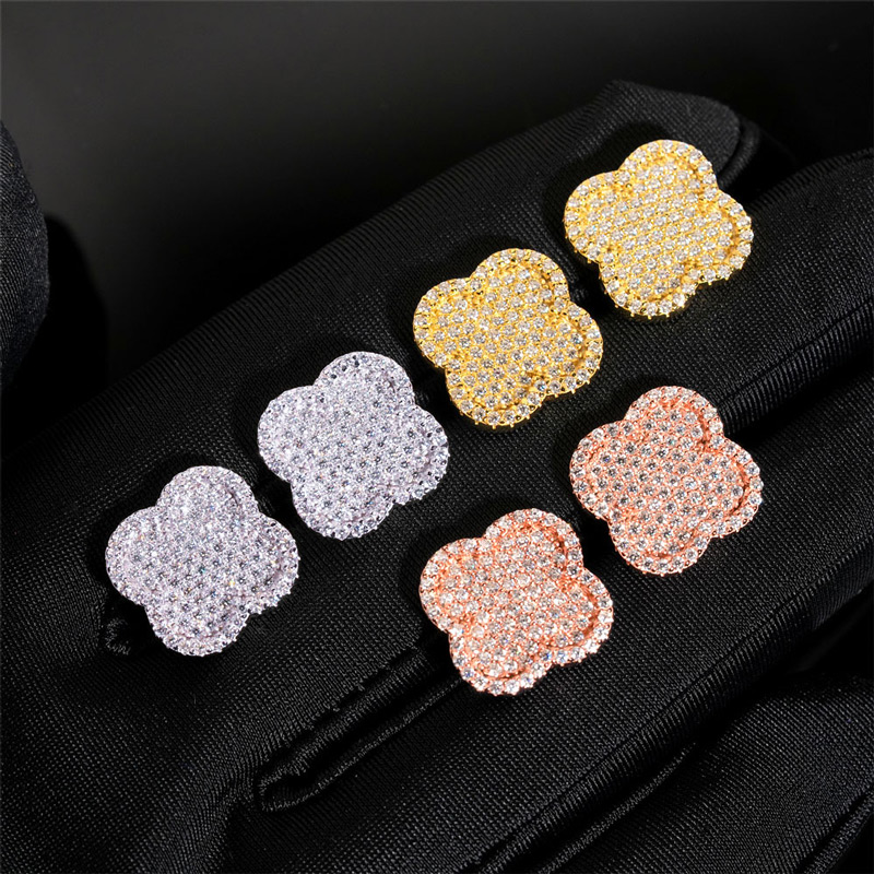 925s & Vvs Moissanite Micro Paved Four Leaf Clover Stud Earrings Iced Out - Image 5