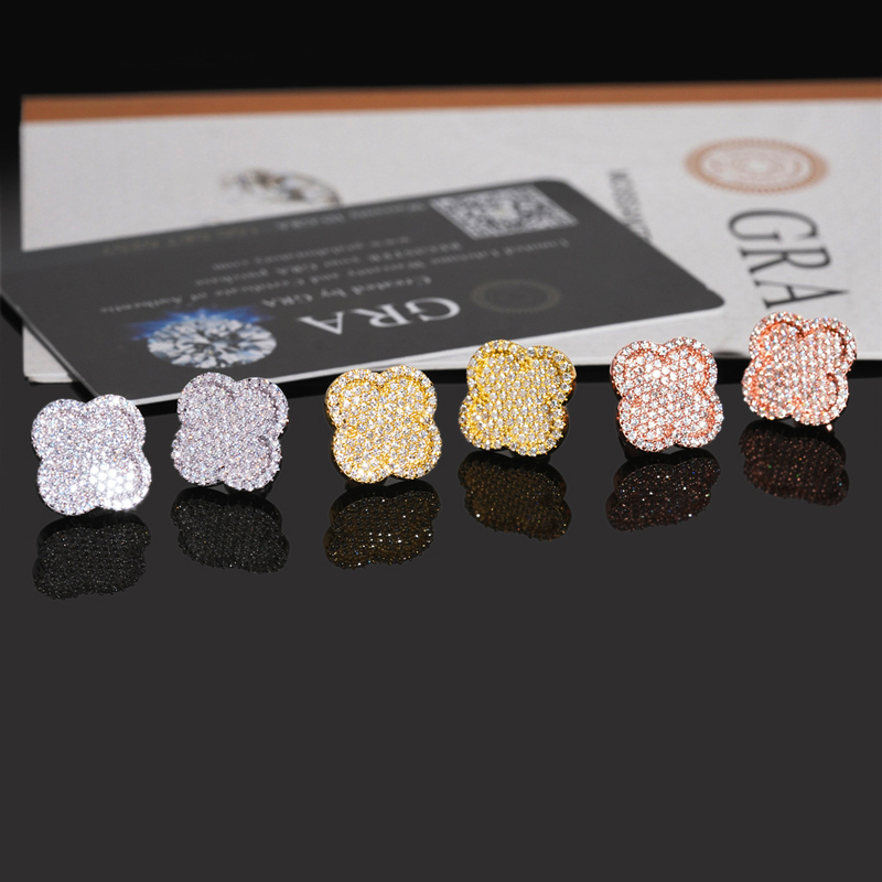 925s & Vvs Moissanite Micro Paved Four Leaf Clover Stud Earrings Iced Out - Image 9