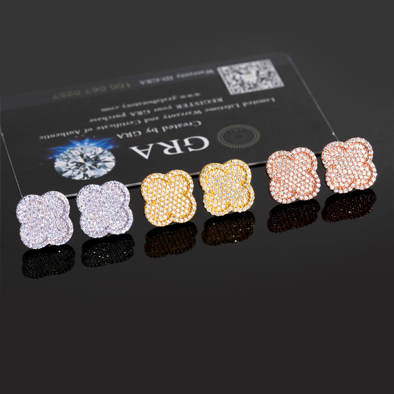 925s & Vvs Moissanite Micro Paved Four Leaf Clover Stud Earrings Iced Out