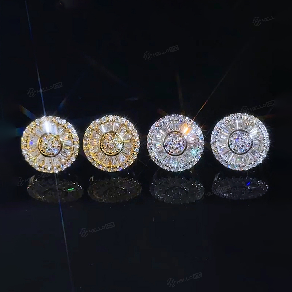 S925 & Moissanite 12mm Baguette Cut Round Stud Earrings Iced Out - Image 3