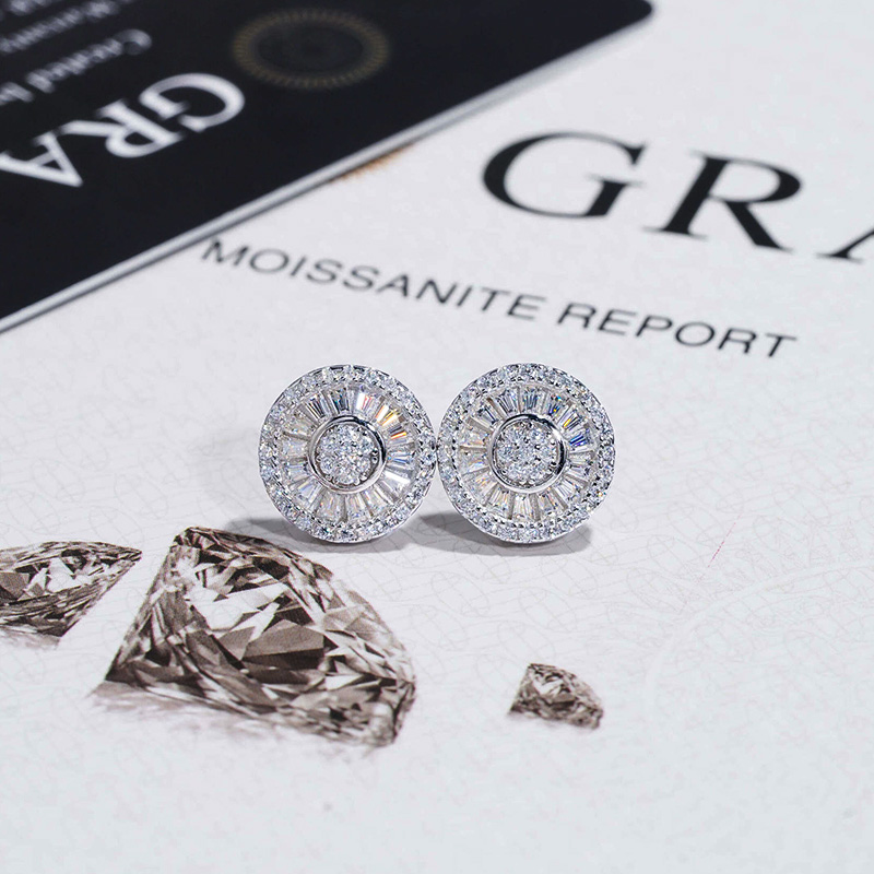 S925 & Moissanite 12mm Baguette Cut Round Stud Earrings Iced Out - Image 8