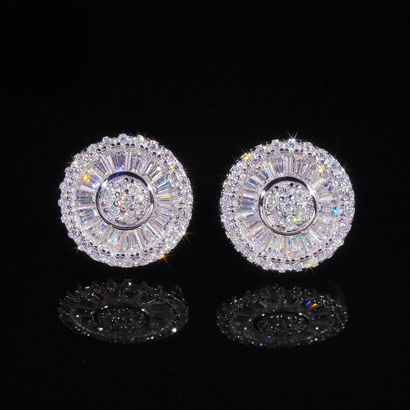 S925 & Moissanite 12mm Baguette Cut Round Stud Earrings Iced Out