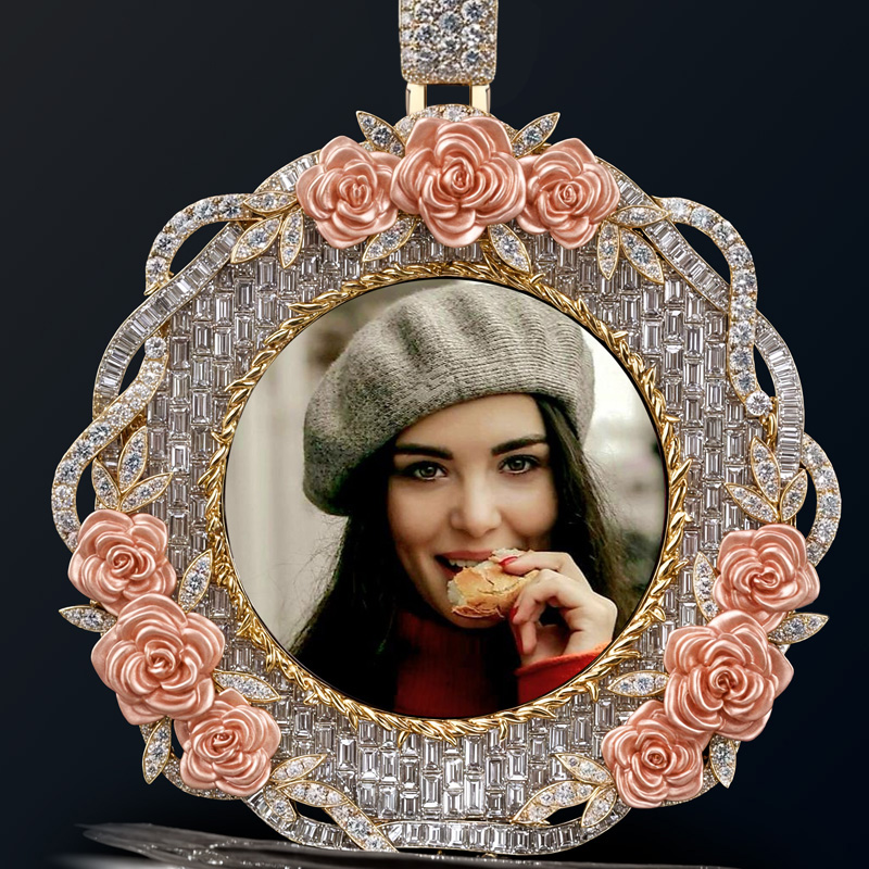 925s & Vvs Moissanite Baguette Rose 2.5 Photo Pendant Iced Out