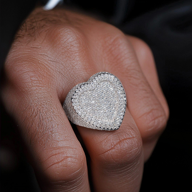 S925 & Moissanite Iced Out Large Heart Ring Silver With Street Luxury Shine