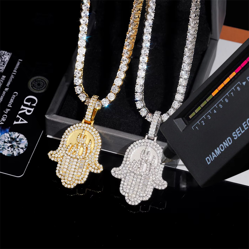 925s & Vvs Moissanite Fatima Hand Allah Pendant With Iced Out Shine - Image 4