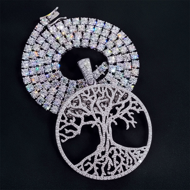 S925 & Moissanite Hollow Tree Of Life Circle Pendant Iced Out