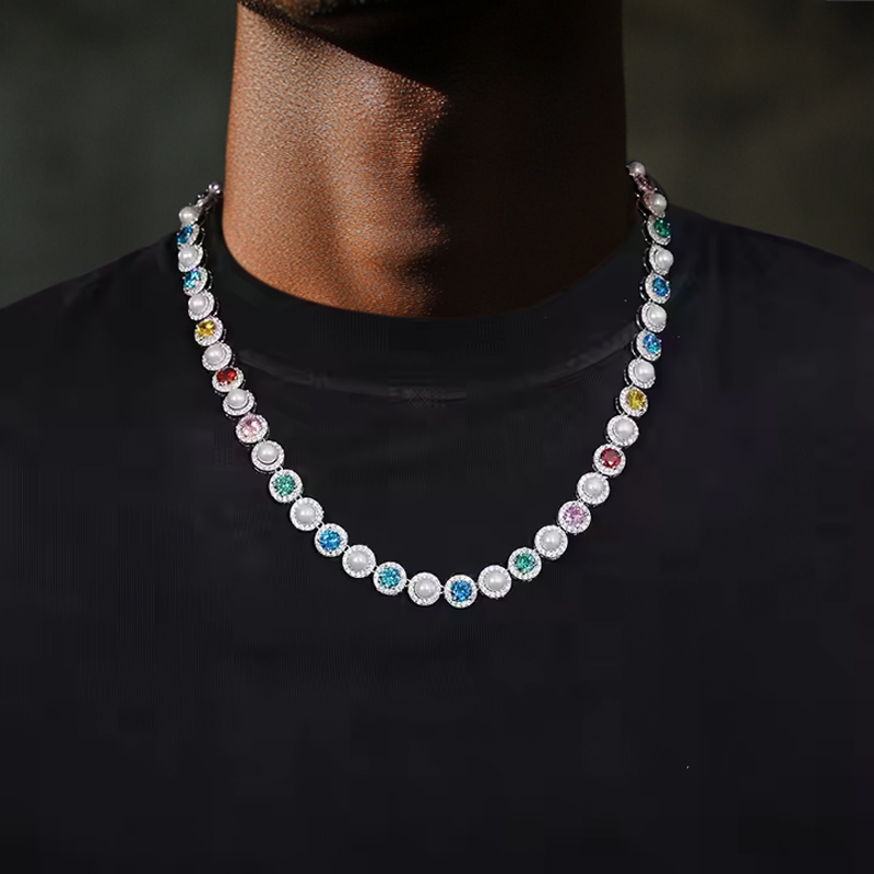 925s & Vvs Colorful Moissanite Pearl Necklace Chain With Iced Out Shine - Image 3