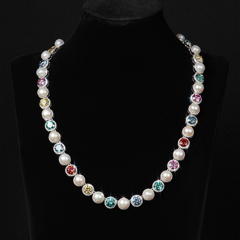 925s & Vvs Colorful Moissanite Pearl Necklace Chain With Iced Out Shine