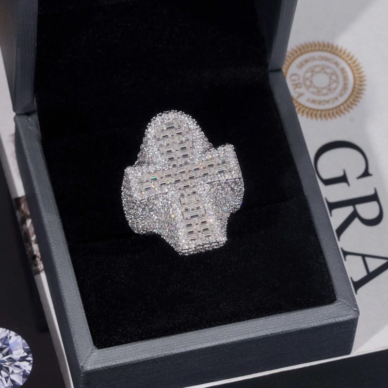 925s & Vvs Moissanite Ankh Baguette Cut Chunky Ring With Iced Out Shine - Image 5