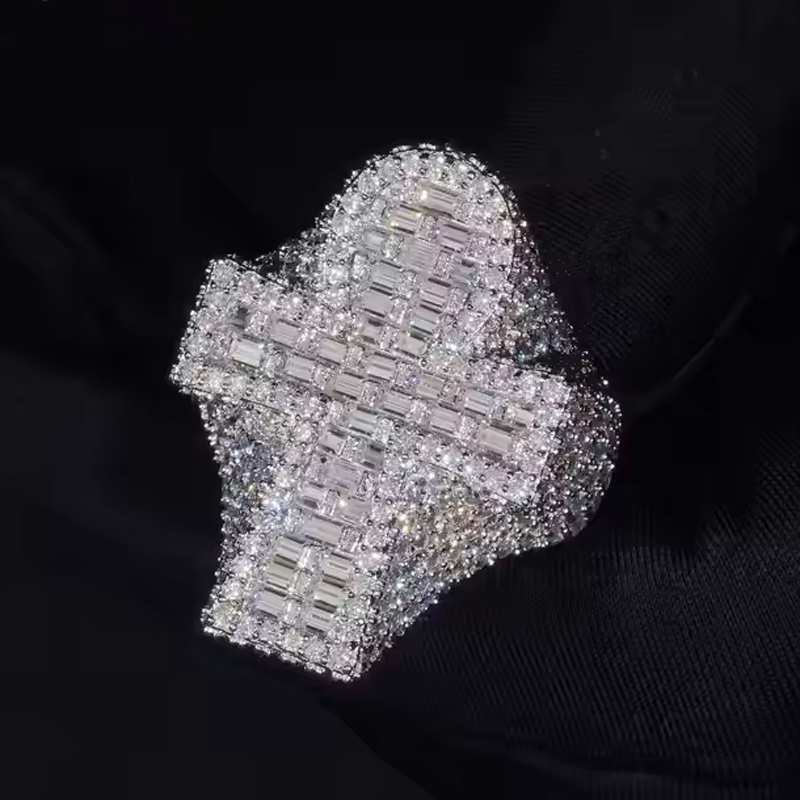 925s & Vvs Moissanite Ankh Baguette Cut Chunky Ring With Iced Out Shine