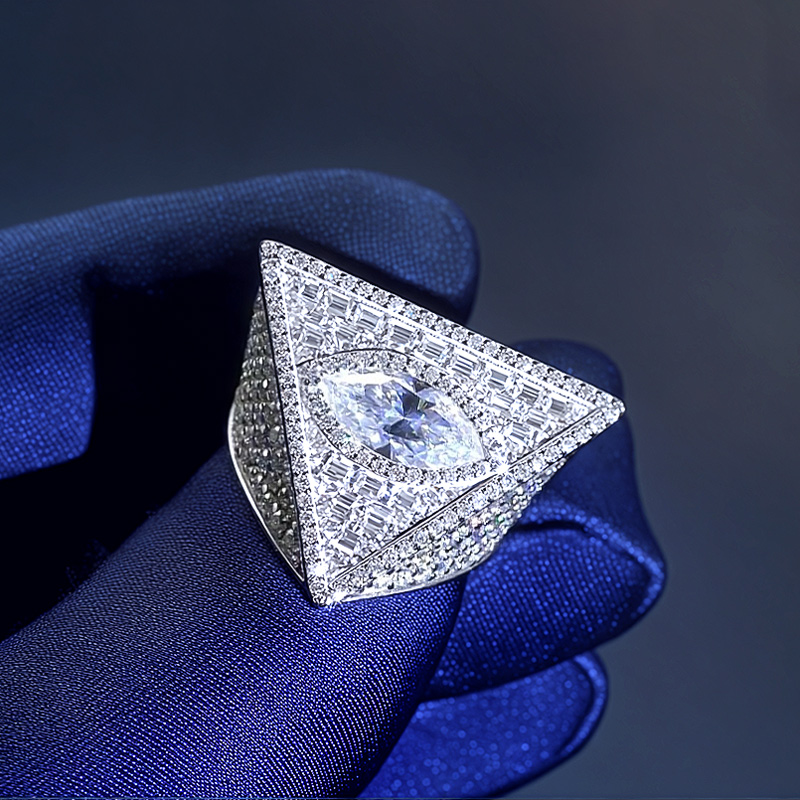 925s & Vvs Moissanite Marquise Brilliant Cut Triangle Eye Ring Iced Out - Image 4