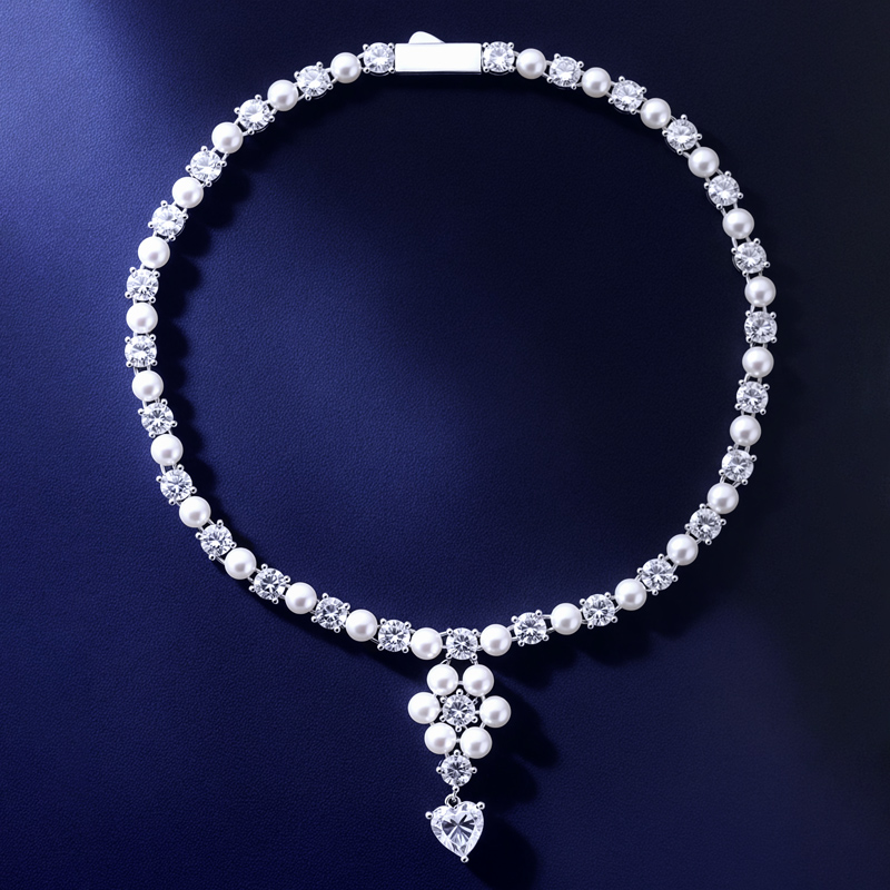 8mm 925s & Vvs Moissanite Pearl Flower Heart Tennis Necklace Iced Out