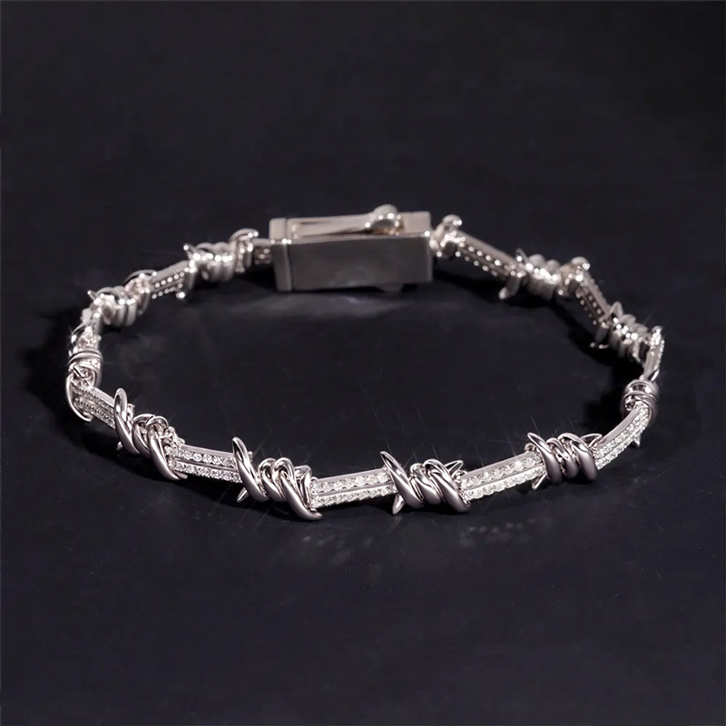 8mm 925s & Vvs Moissanite Barbed Wire Thorn Bracelet Iced Out