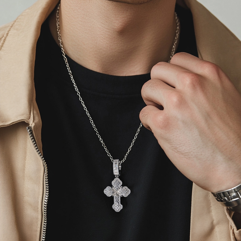 S925 & Moissanite Baguette Round Cut Cross Pendant With Iced Out Shine - Image 5