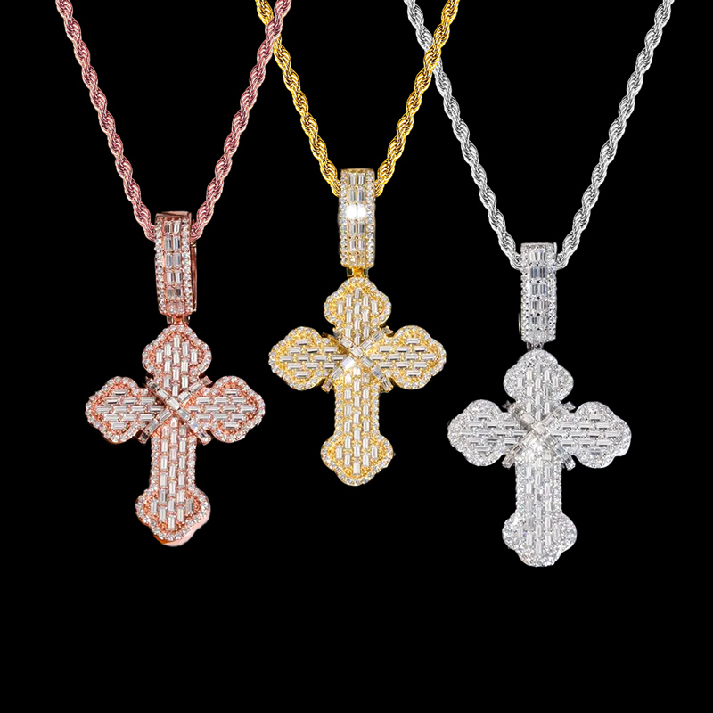 S925 & Moissanite Baguette Round Cut Cross Pendant With Iced Out Shine