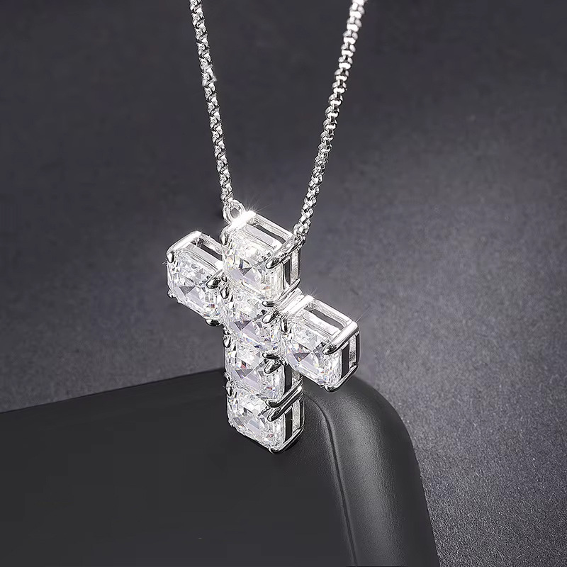 925s & Vvs Moissanite Asscher Cut Cross Pendant Necklace Iced Out - Image 3
