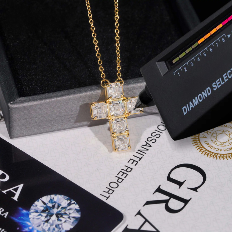 925s & Vvs Moissanite Asscher Cut Cross Pendant Necklace Iced Out - Image 4