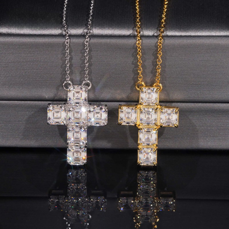 925s & Vvs Moissanite Asscher Cut Cross Pendant Necklace Iced Out