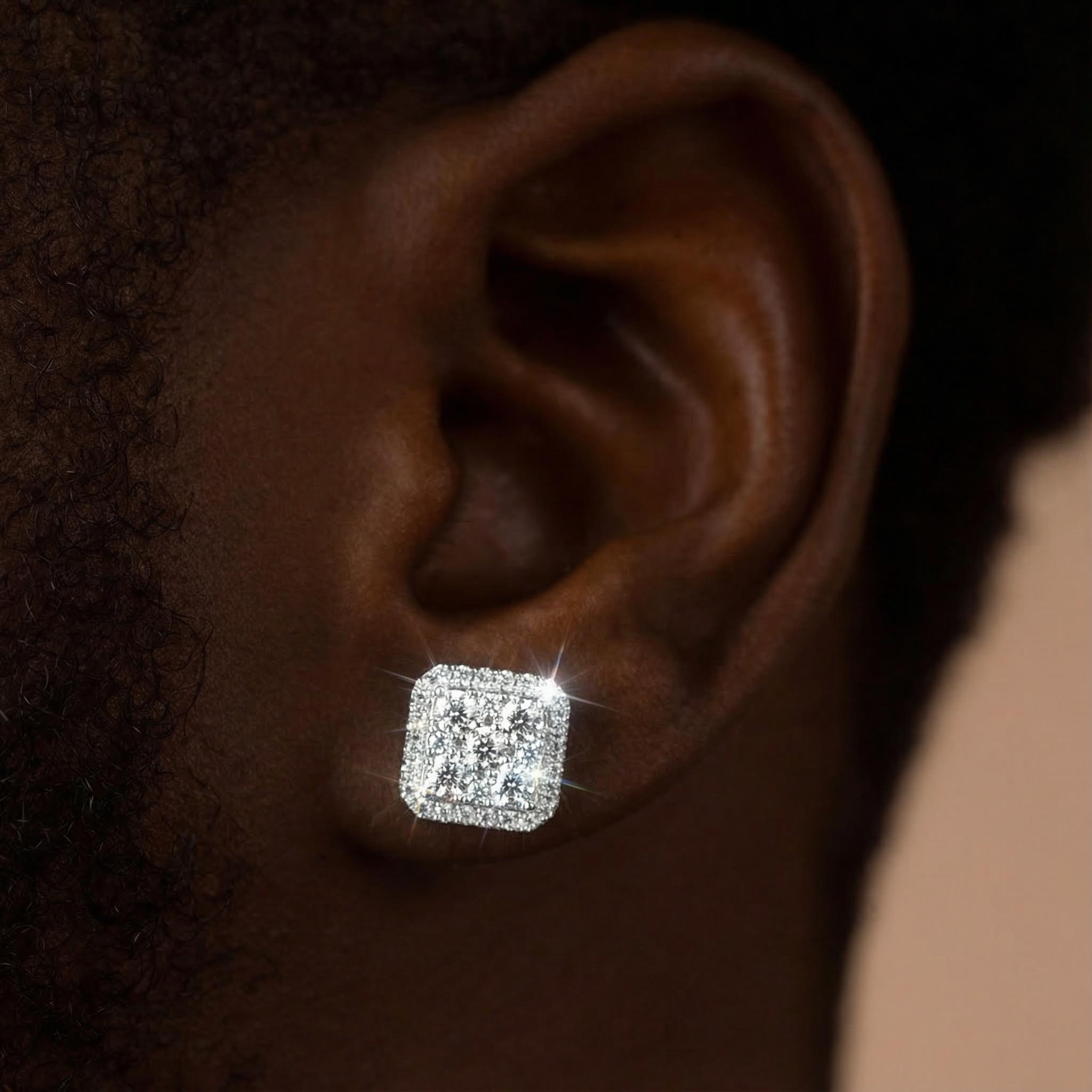 925s & Moissanite Square Full Iced Out Halo Earrings Silver - Image 3