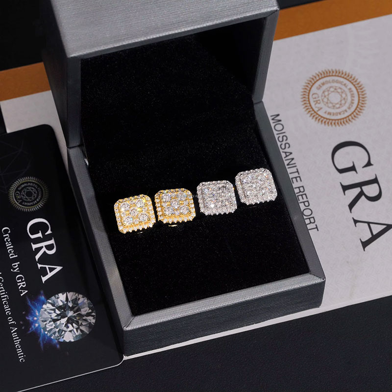 925s & Moissanite Square Full Iced Out Halo Earrings Silver - Image 6