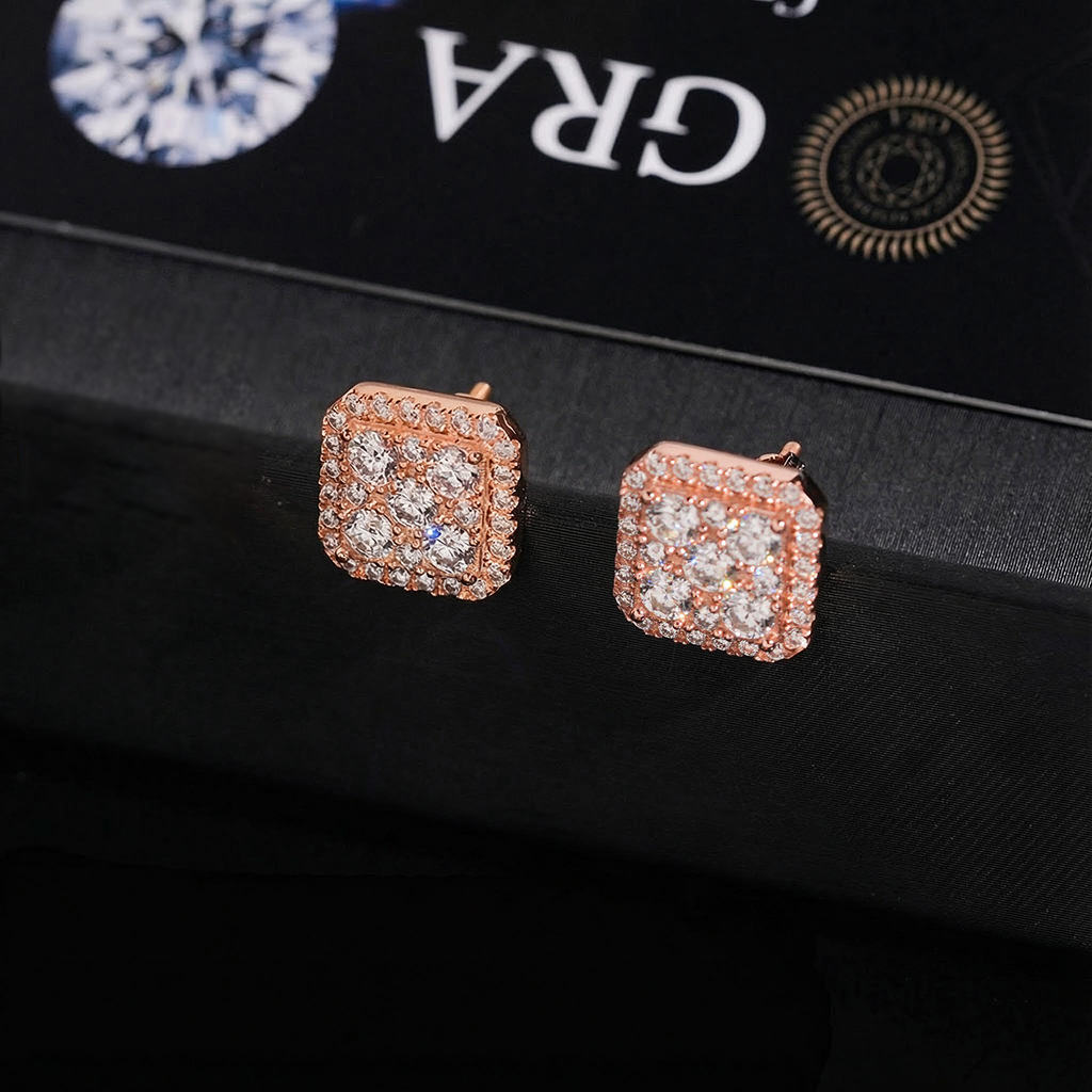 925s & Moissanite Square Full Iced Out Halo Earrings Silver - Image 7