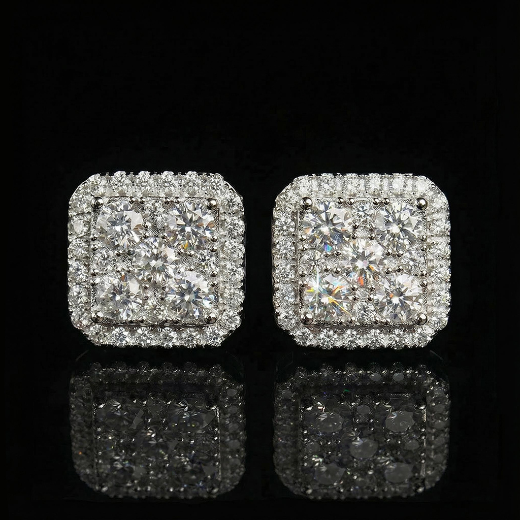 925s & Moissanite Square Full Iced Out Halo Earrings Silver