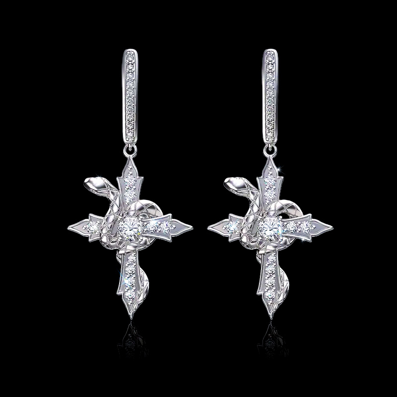 925 & Vvs Moissanite Snake Twisted Cross Earrings With Iced Out Shine