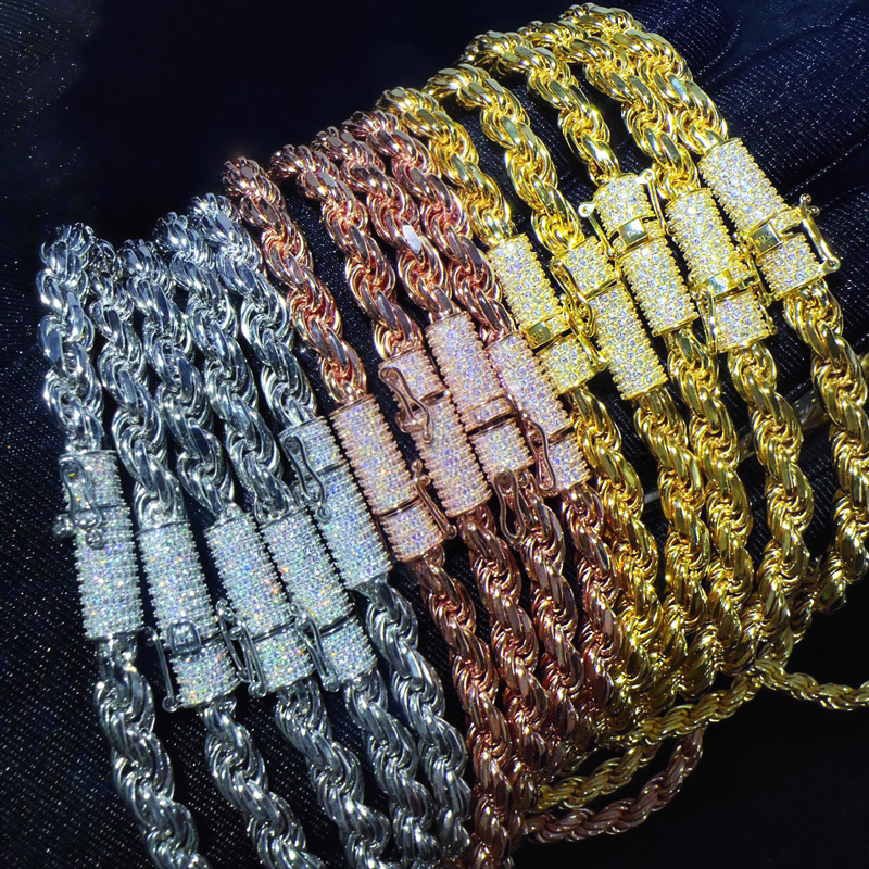 6mm 925s & Vvs Moissanite Clasp Stainless Steel Rope Bracelet Iced Out