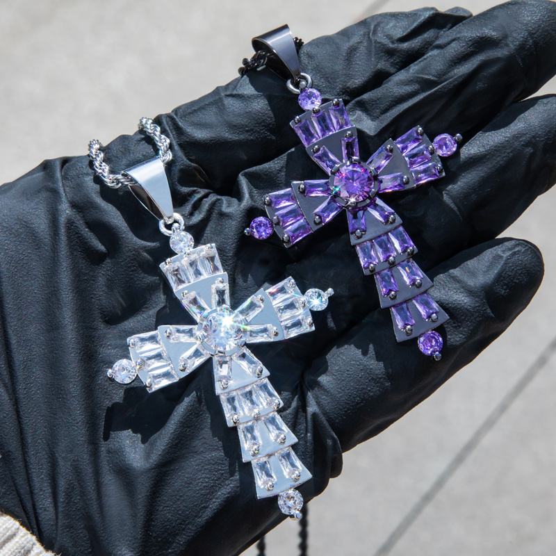 Full Paved Purple/white Cross Pendant Gold With Street Luxury Shine - Image 5