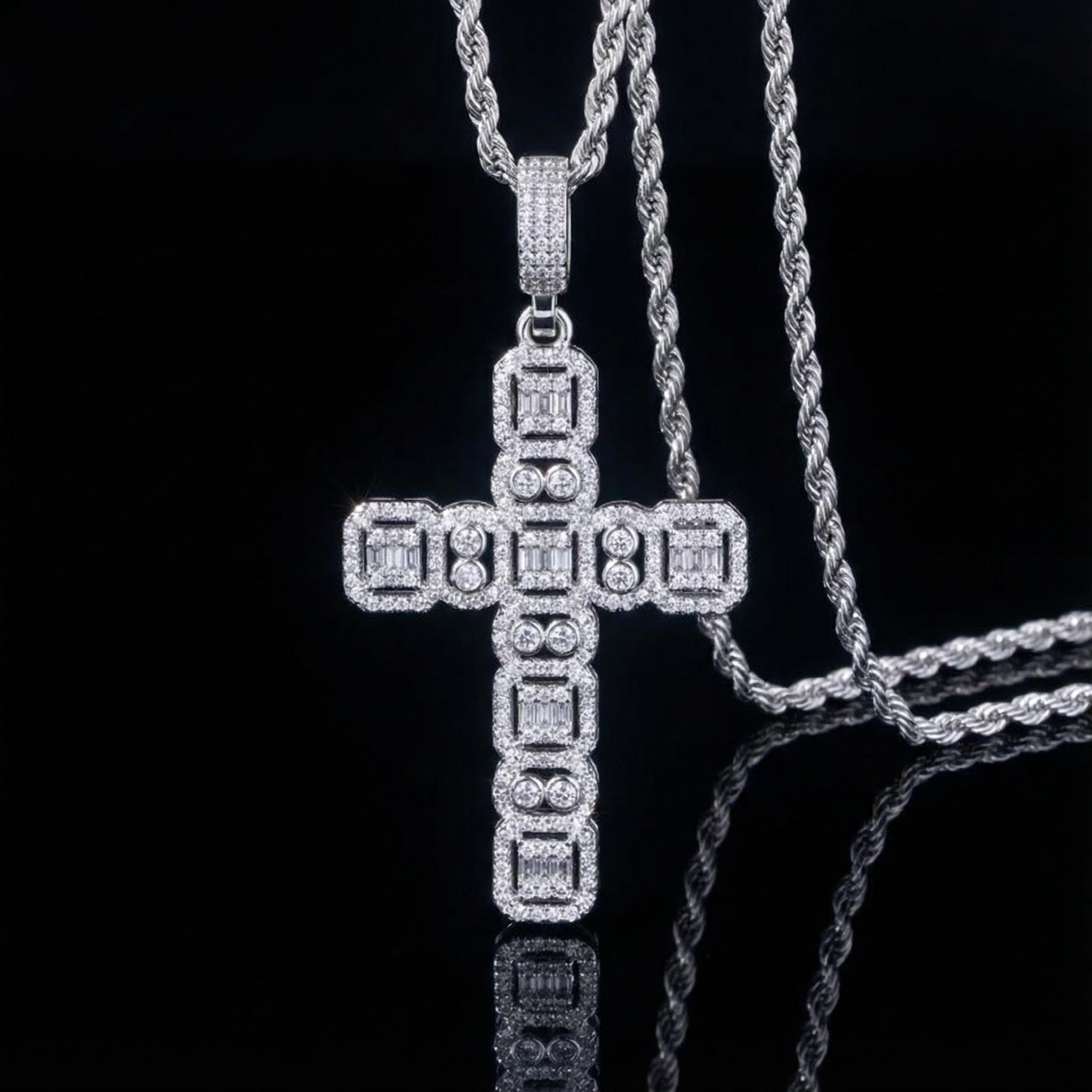 Round And Baguette Cut Cluster Cross Pendant Gold With Street Luxury Shine - Image 3