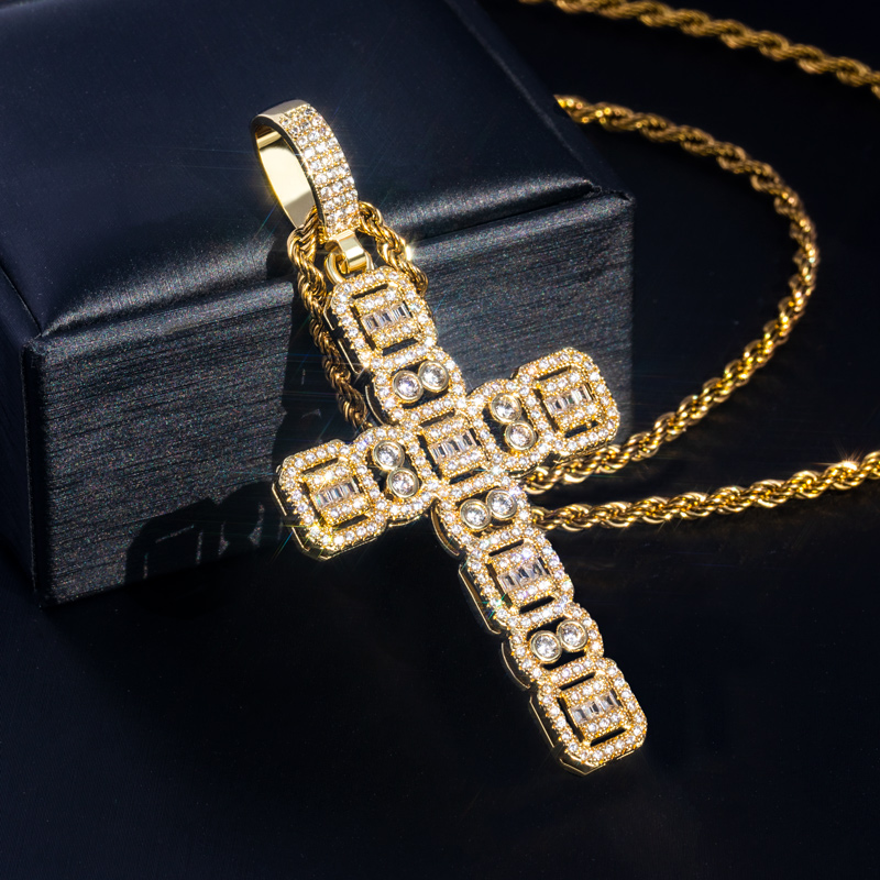 Round And Baguette Cut Cluster Cross Pendant Gold With Street Luxury Shine - Image 4
