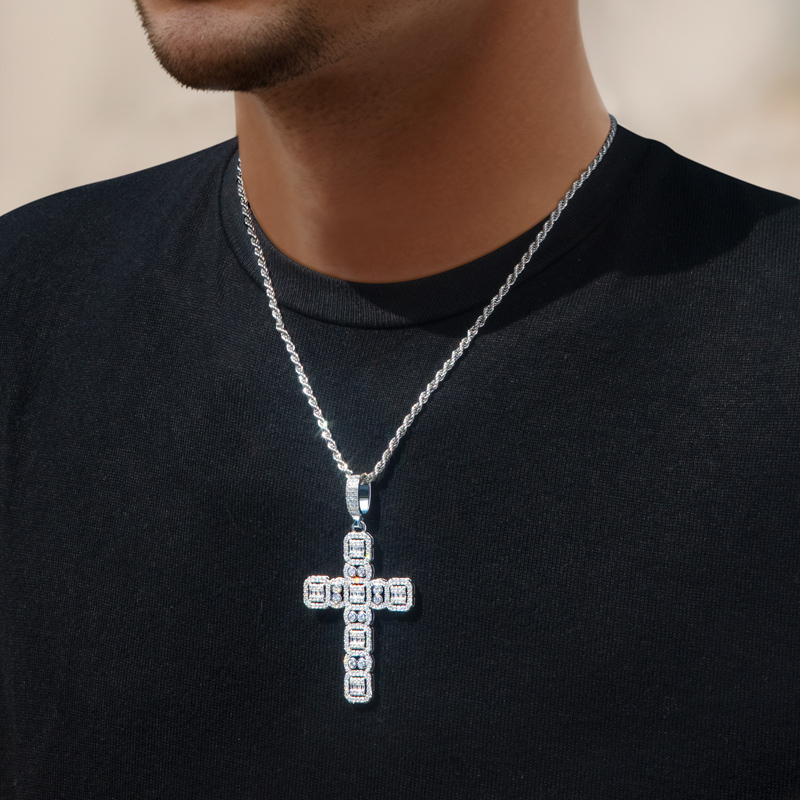 Round And Baguette Cut Cluster Cross Pendant Gold With Street Luxury Shine - Image 5