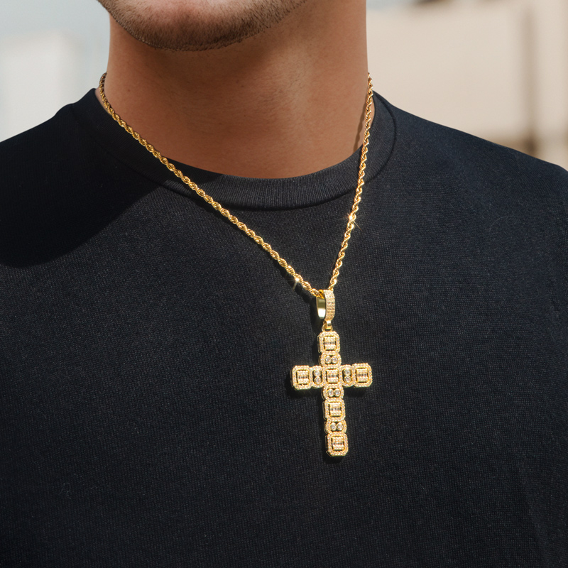 Round And Baguette Cut Cluster Cross Pendant Gold With Street Luxury Shine - Image 6