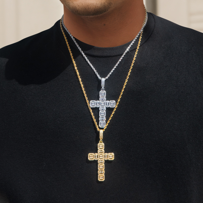 Round And Baguette Cut Cluster Cross Pendant Gold With Street Luxury Shine - Image 7