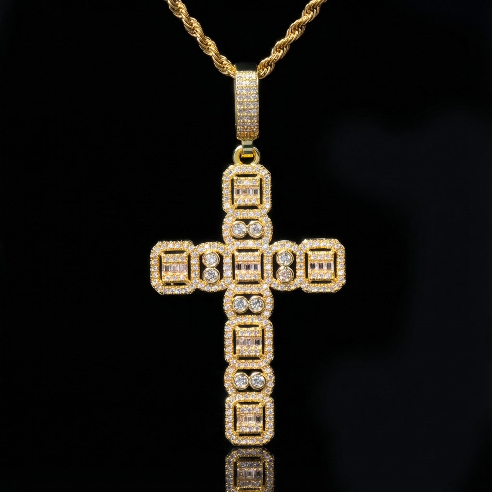 Round And Baguette Cut Cluster Cross Pendant Gold With Street Luxury Shine