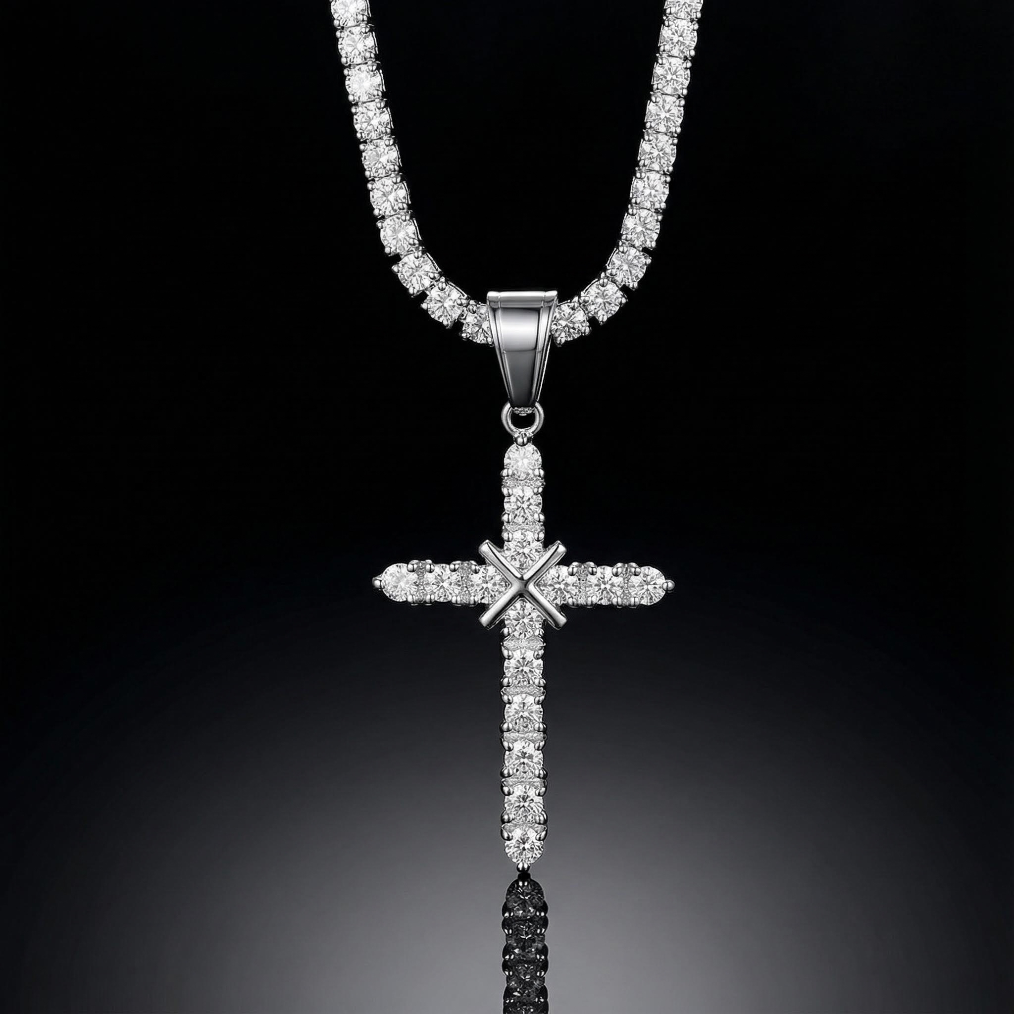 Cluster Tennis Cross Pendant In 18k White Gold With Iced Out Shine - Image 3