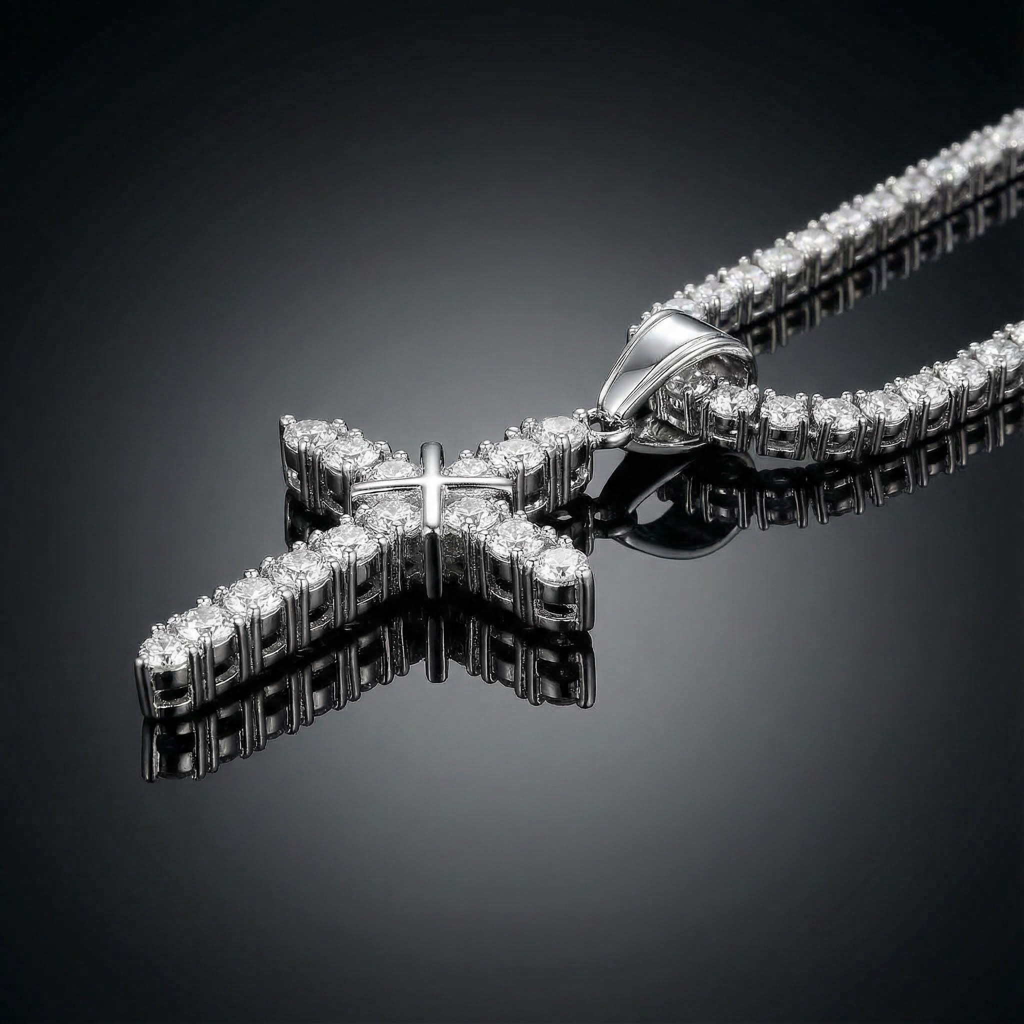 Cluster Tennis Cross Pendant In 18k White Gold With Iced Out Shine - Image 4