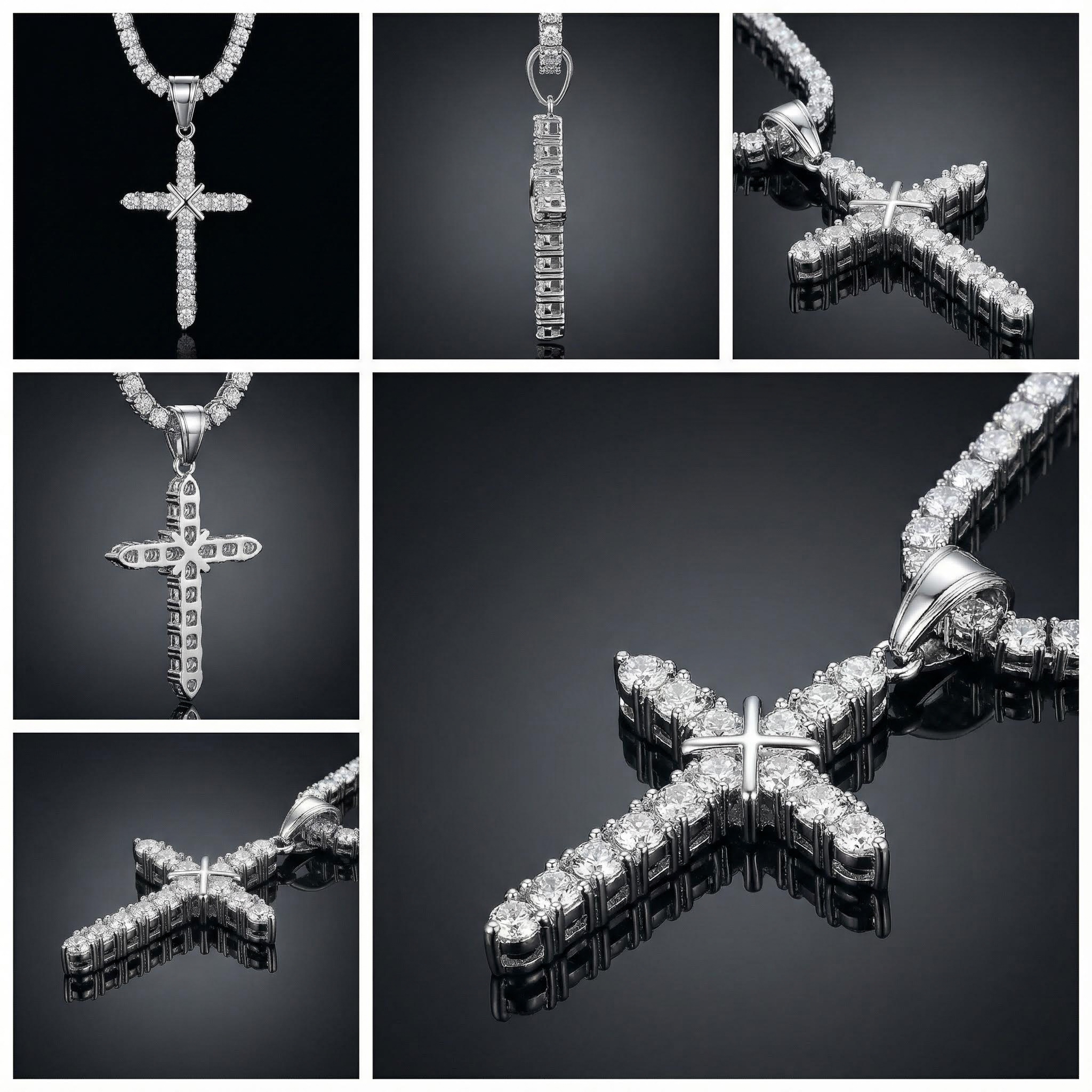Cluster Tennis Cross Pendant In 18k White Gold With Iced Out Shine - Image 5