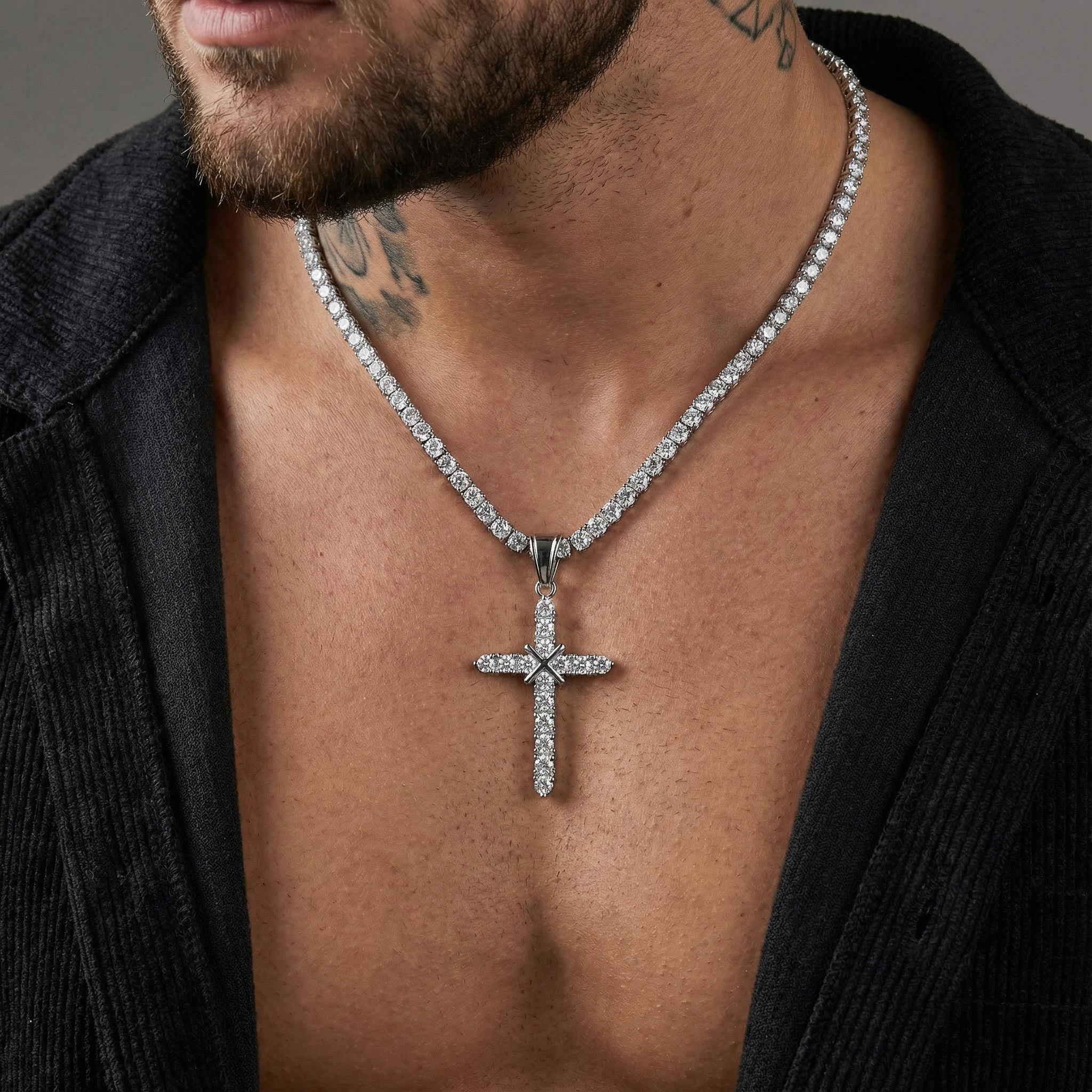 Cluster Tennis Cross Pendant In 18k White Gold With Iced Out Shine - Image 6