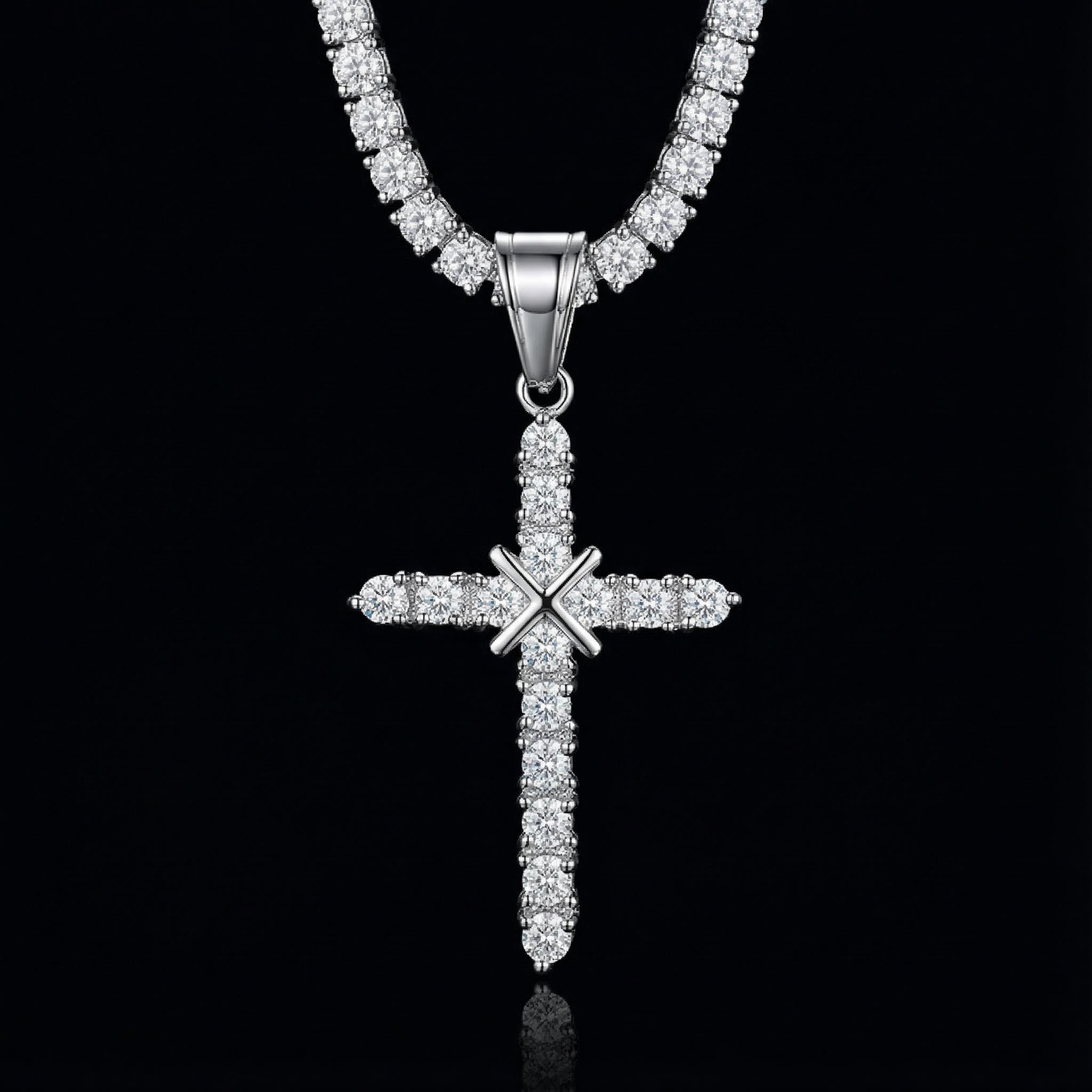 Cluster Tennis Cross Pendant In 18k White Gold With Iced Out Shine