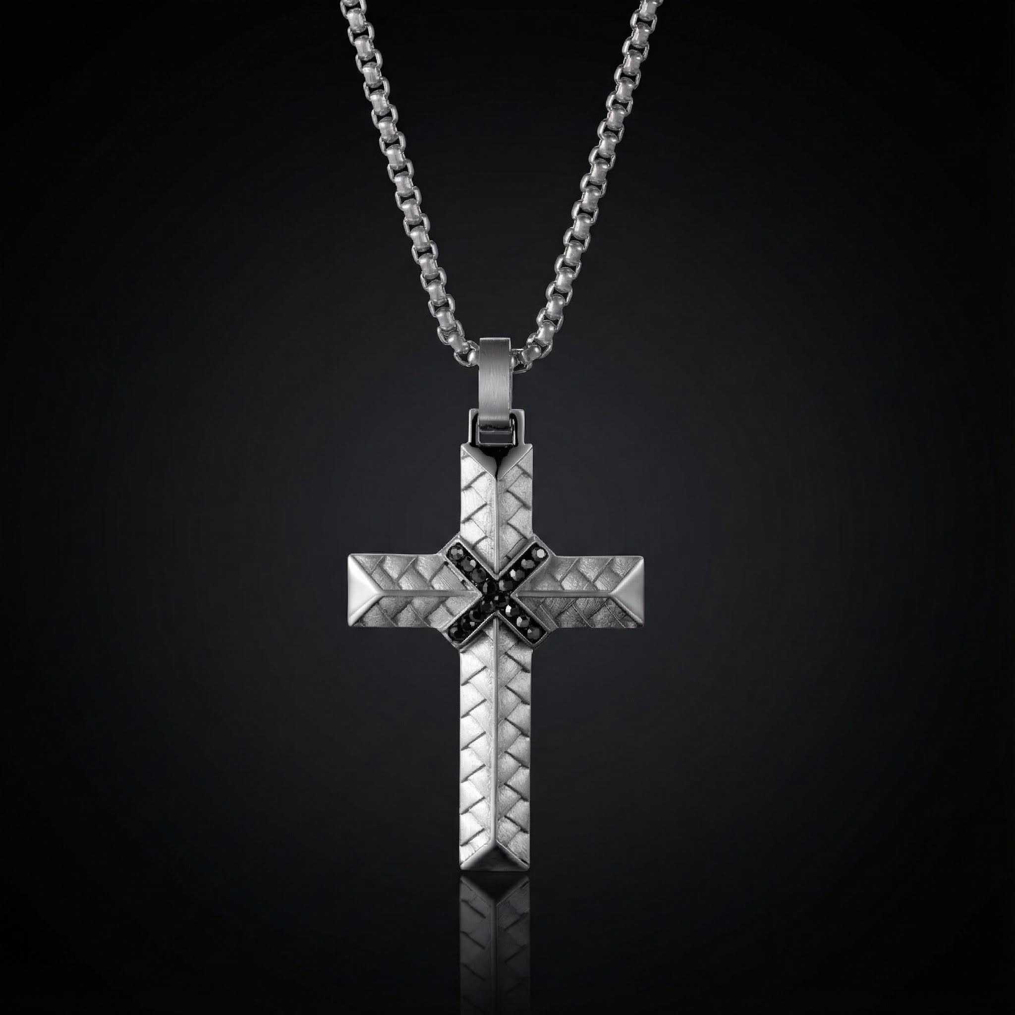 Iced Out Black Diamond Stainless Steel Braided Cross Pendant Gold