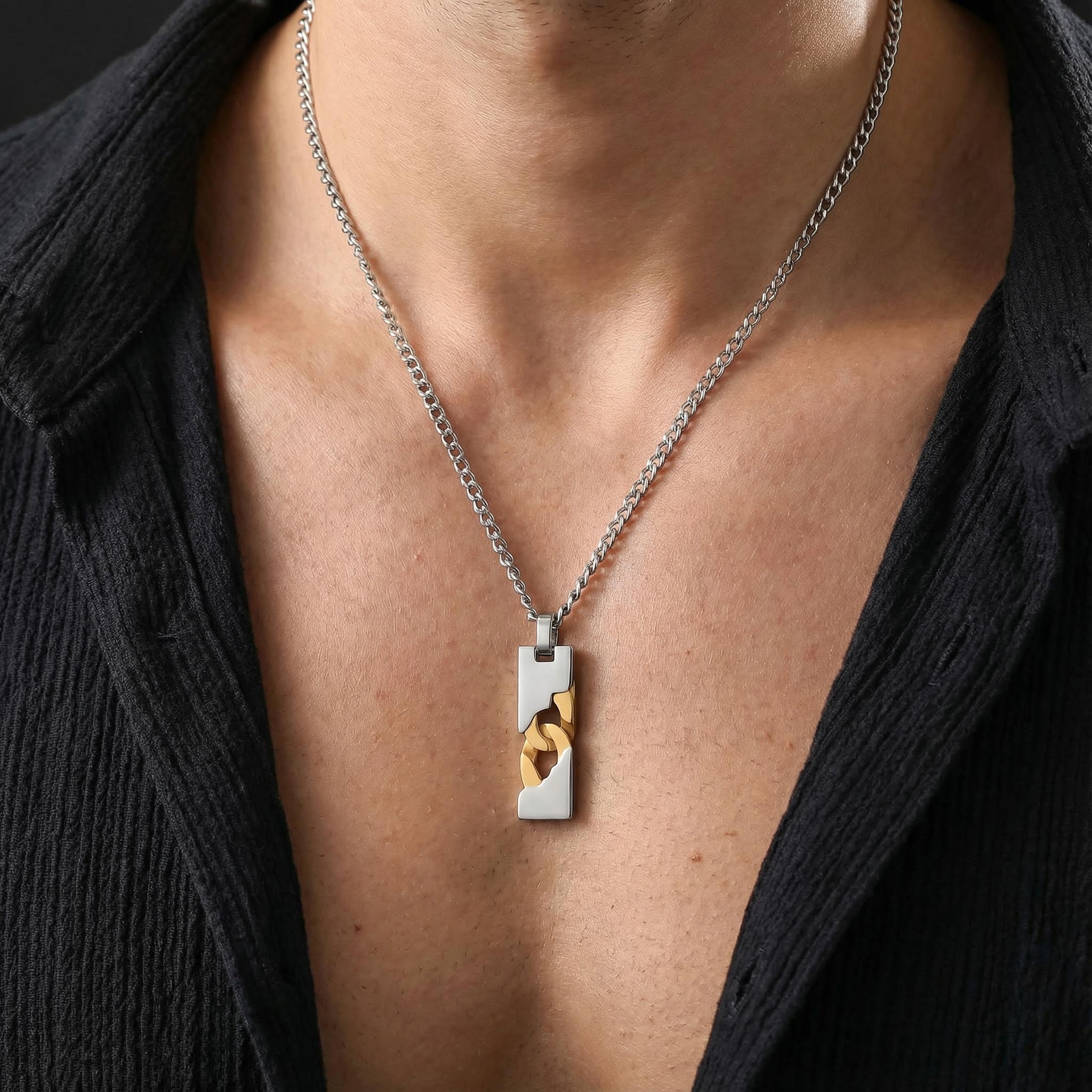 Two Tone Stainless Steel Dog Tag Pendant Necklace With Street Luxury Shine - Image 6